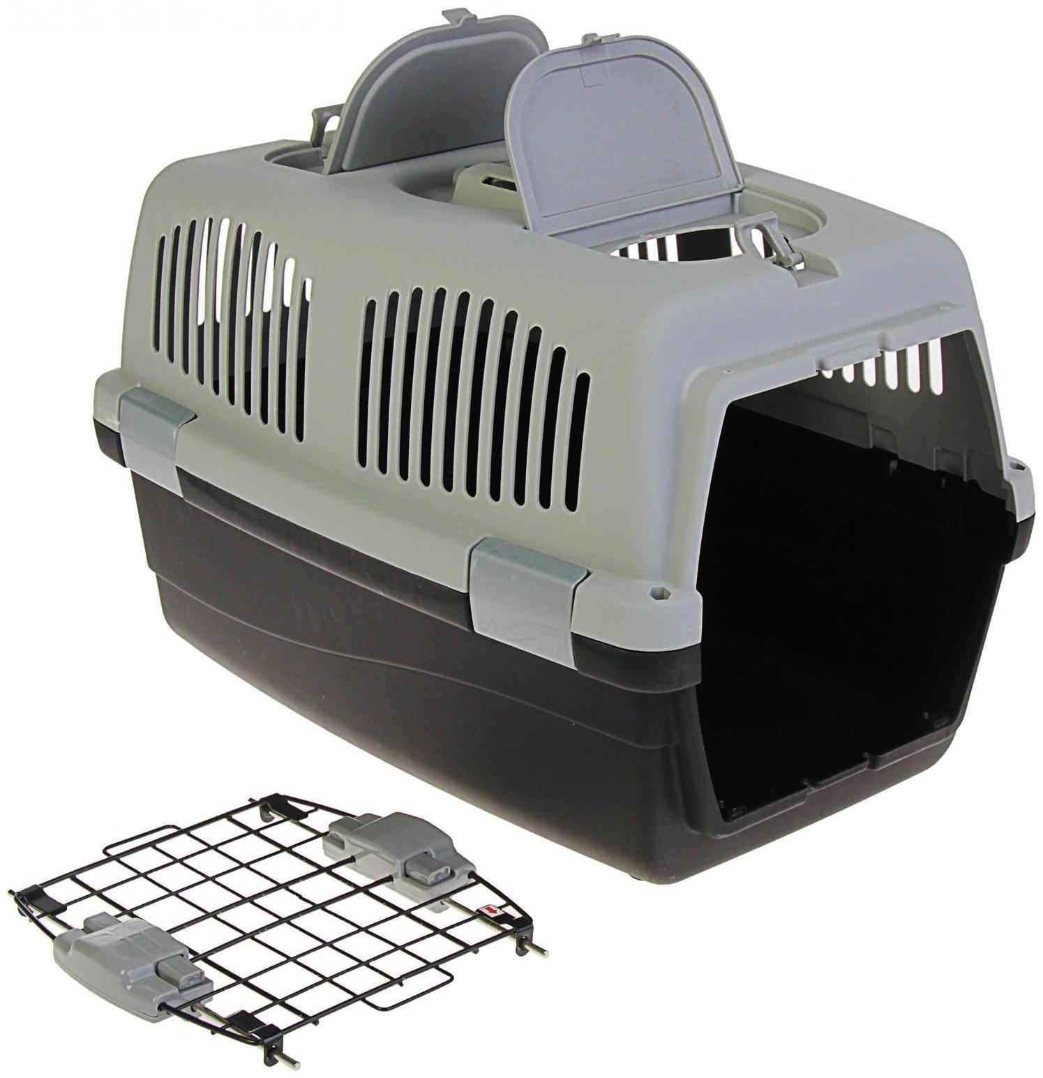 Переноска с 2 люками и креплением для наплечного ремня, 58х37х37, до 12 кг, серо-чёрная