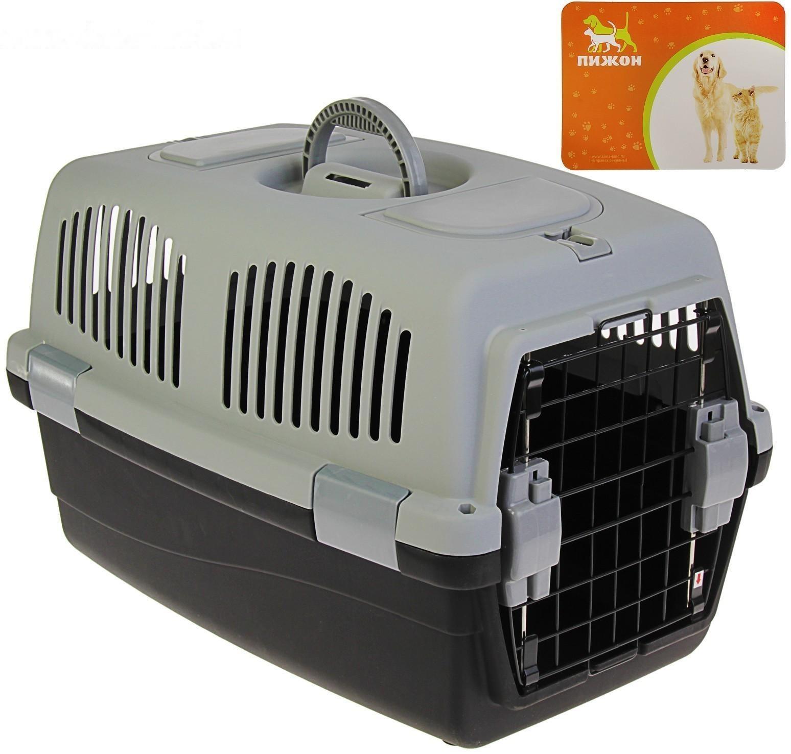 Переноска с 2 люками и креплением для наплечного ремня, 58х37х37, до 12 кг, серо-чёрная