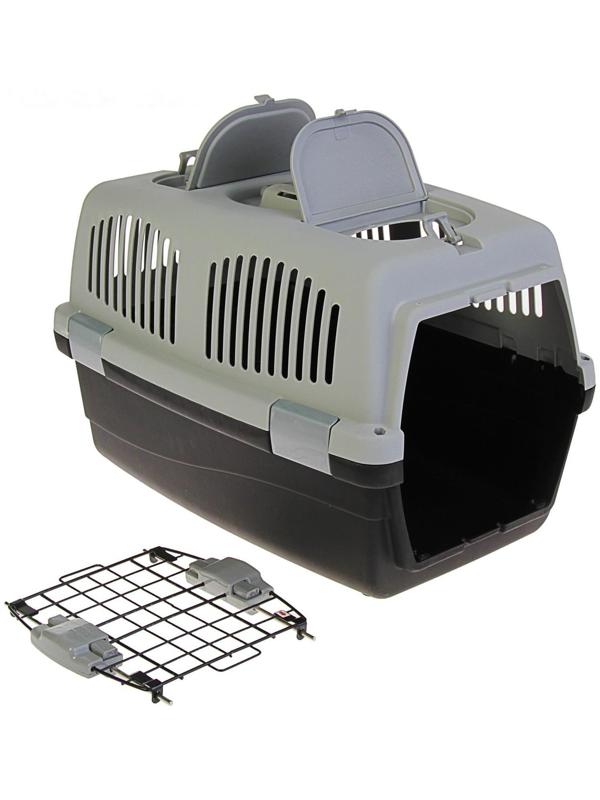 Переноска с 2 люками и креплением для наплечного ремня, 58х37х37, до 12 кг, серо-чёрная