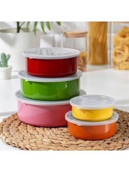 Набор салатников из нержавеющей стали «Радуга», 5 шт: d=18/16/14/12/10 см, с крышками, МИКС