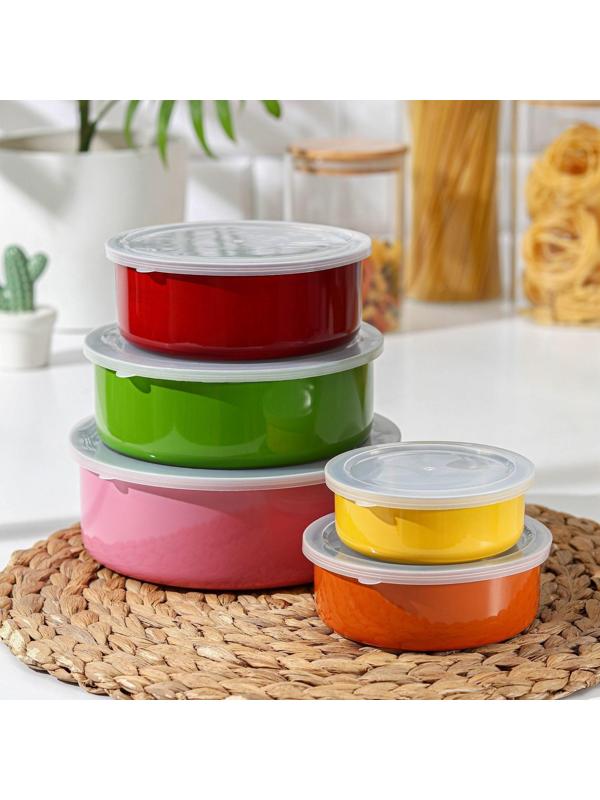 Набор салатников из нержавеющей стали «Радуга», 5 шт: d=18/16/14/12/10 см, с крышками, МИКС