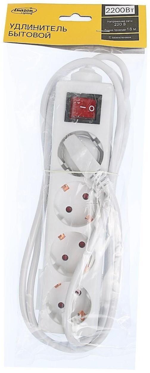 Удлинитель Luazon Lighting, 4 розетки, 1,8 м, 10 А, 2200 Вт, 3х1.5 мм2, с з/к, с выкл.,