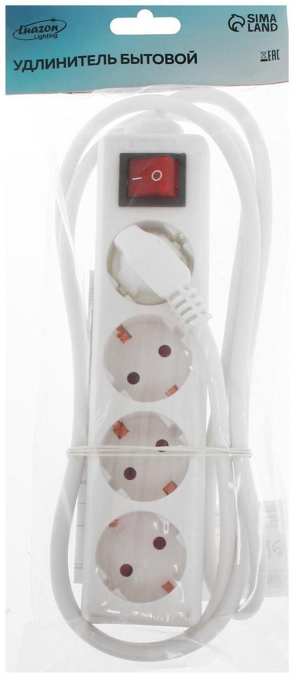 Удлинитель Luazon Lighting, 4 розетки, 1,8 м, 10 А, 2200 Вт, 3х1.5 мм2, с з/к, с выкл.,