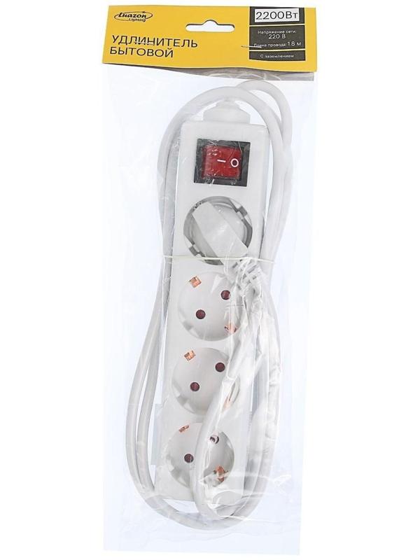 Удлинитель Luazon Lighting, 4 розетки, 1,8 м, 10 А, 2200 Вт, 3х1.5 мм2, с з/к, с выкл.,