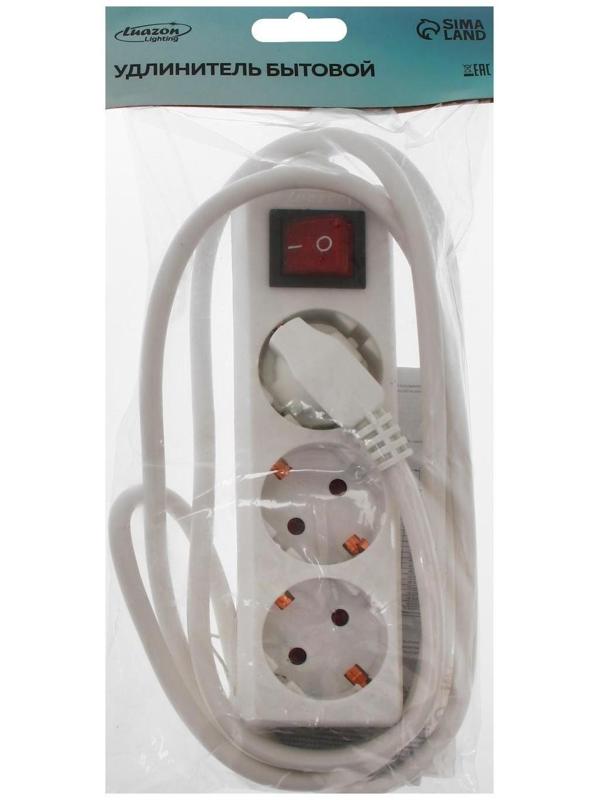 Удлинитель Luazon Lighting, 3 розетки, 1,8 м, 10 А, 2200 Вт, 3х1.5 мм2, с з/к, с выкл.