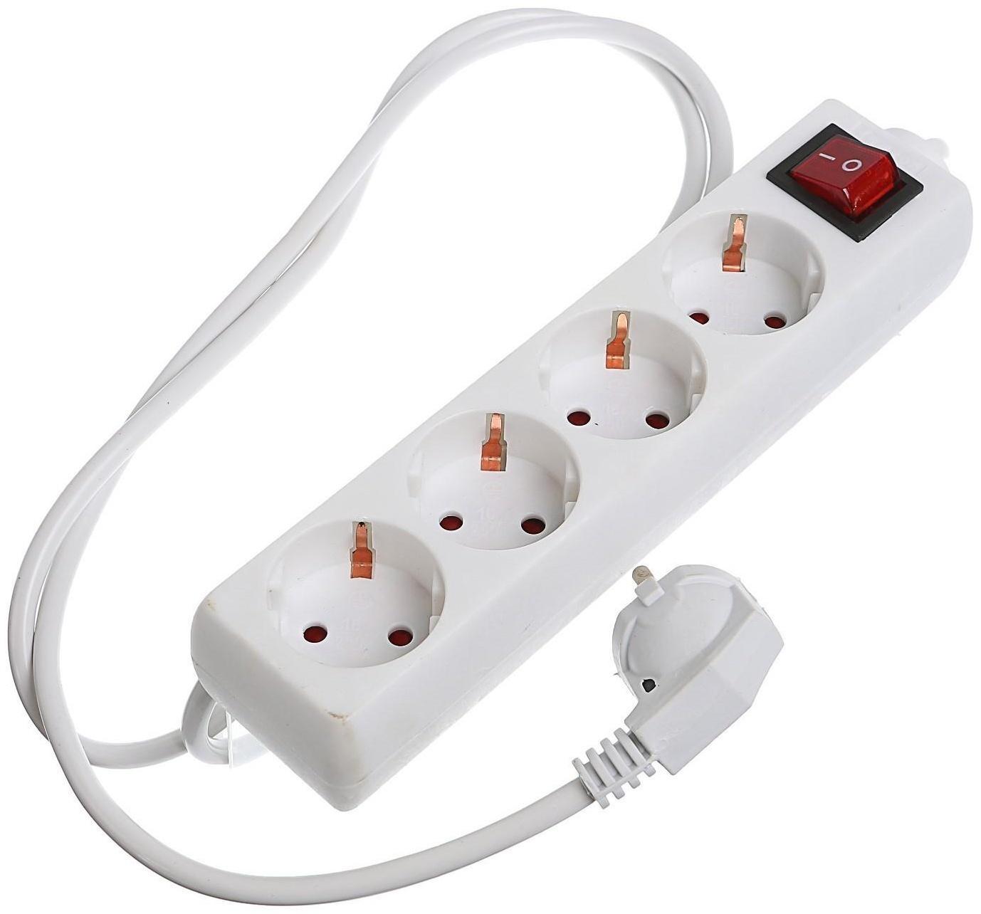 Удлинитель Luazon Lighting, 4 розетки, 1,8 м, 6 А, 1300 Вт, 3х0.75 мм2, с з/к, с выкл., Б