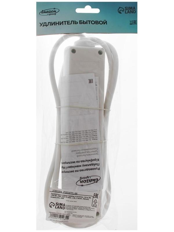 Удлинитель Luazon Lighting, 4 розетки, 1,8 м, 6 А, 1300 Вт, 3х0.75 мм2, с з/к, с выкл., Б