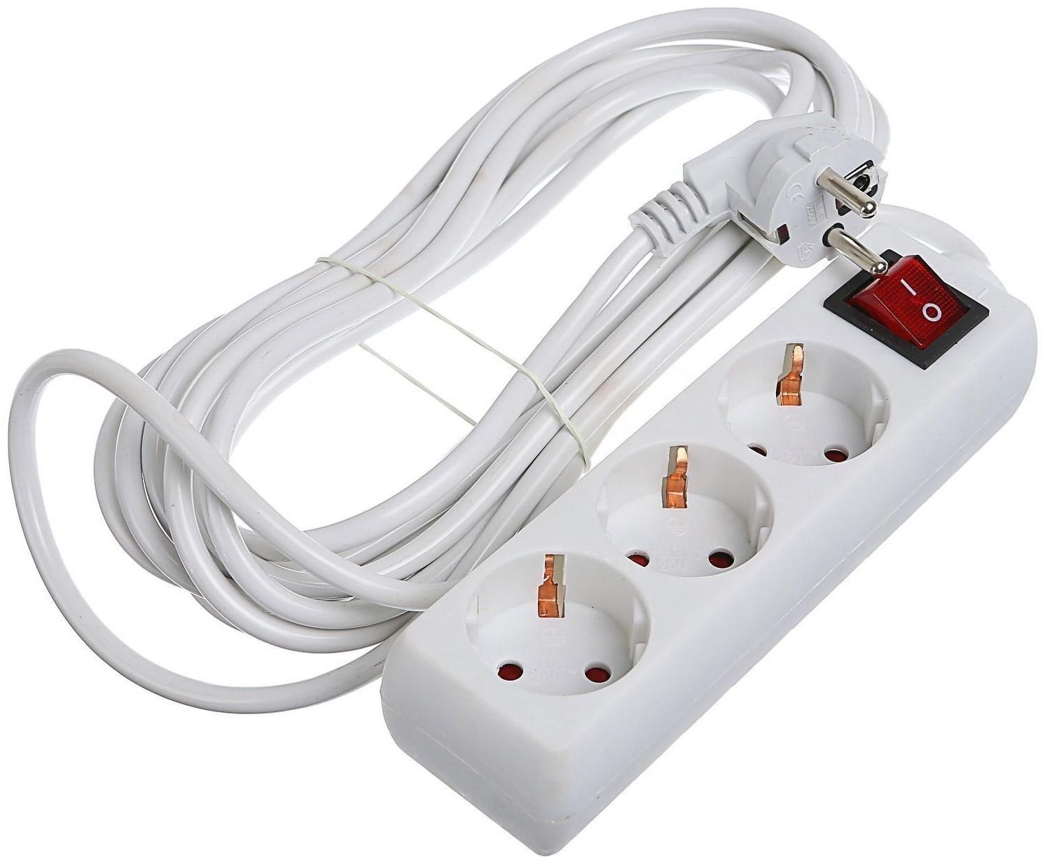 Удлинитель Luazon Lighting, 3 розетки, 5 м, 6 А, 1300 Вт, 3х0.75 мм2, с з/к, с выкл., Б