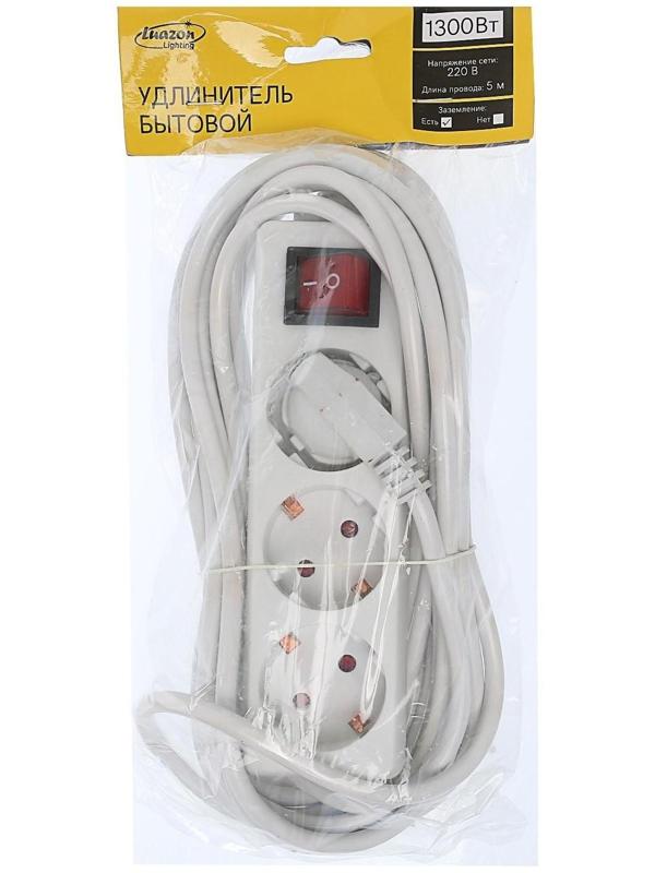 Удлинитель Luazon Lighting, 3 розетки, 5 м, 6 А, 1300 Вт, 3х0.75 мм2, с з/к, с выкл., Б
