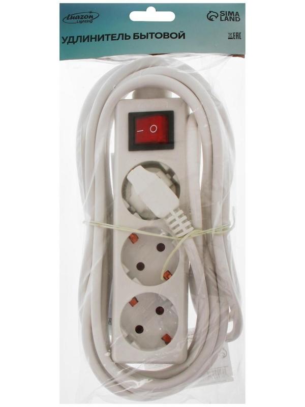 Удлинитель Luazon Lighting, 3 розетки, 5 м, 6 А, 1300 Вт, 3х0.75 мм2, с з/к, с выкл., Б