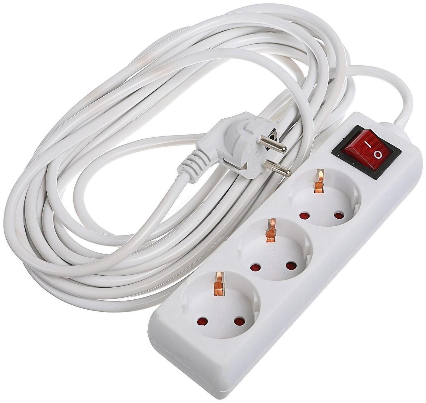 Удлинитель Luazon Lighting, 3 розетки, 7 м, 6 А, 1300 Вт, 3х0.75 мм2, с з/к, с выкл., Б