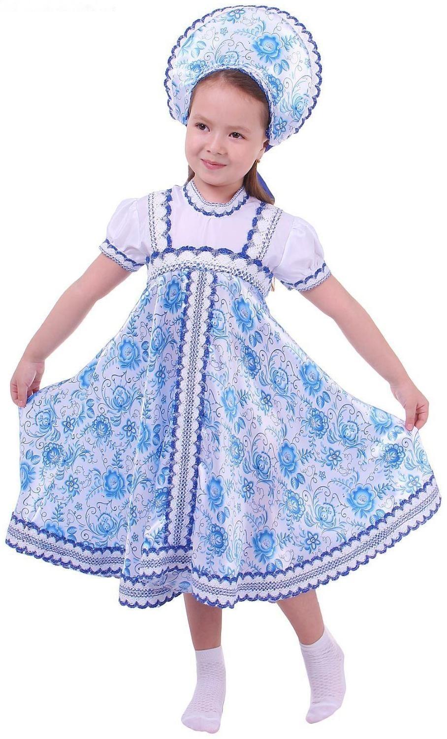 Русский народный костюм для девочки с кокошником, голубые узоры, р-р 34, рост 134 см