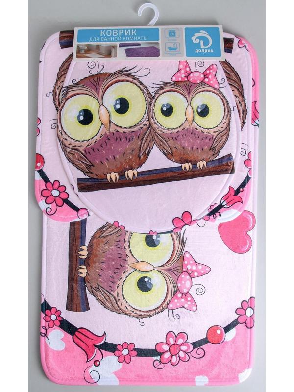Набор ковриков для ванной и туалета Доляна «Совушки на ветке», 3 шт: 38×45, 40×43, 43×73 см, цвет розовый