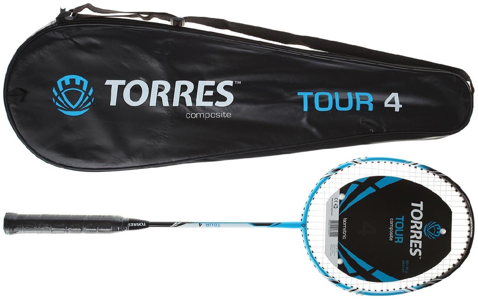Ракетка для бадминтона TORRES, Tour4, BD-501, для любителей, стержень из графита, алюминиевый обод, со струнами
