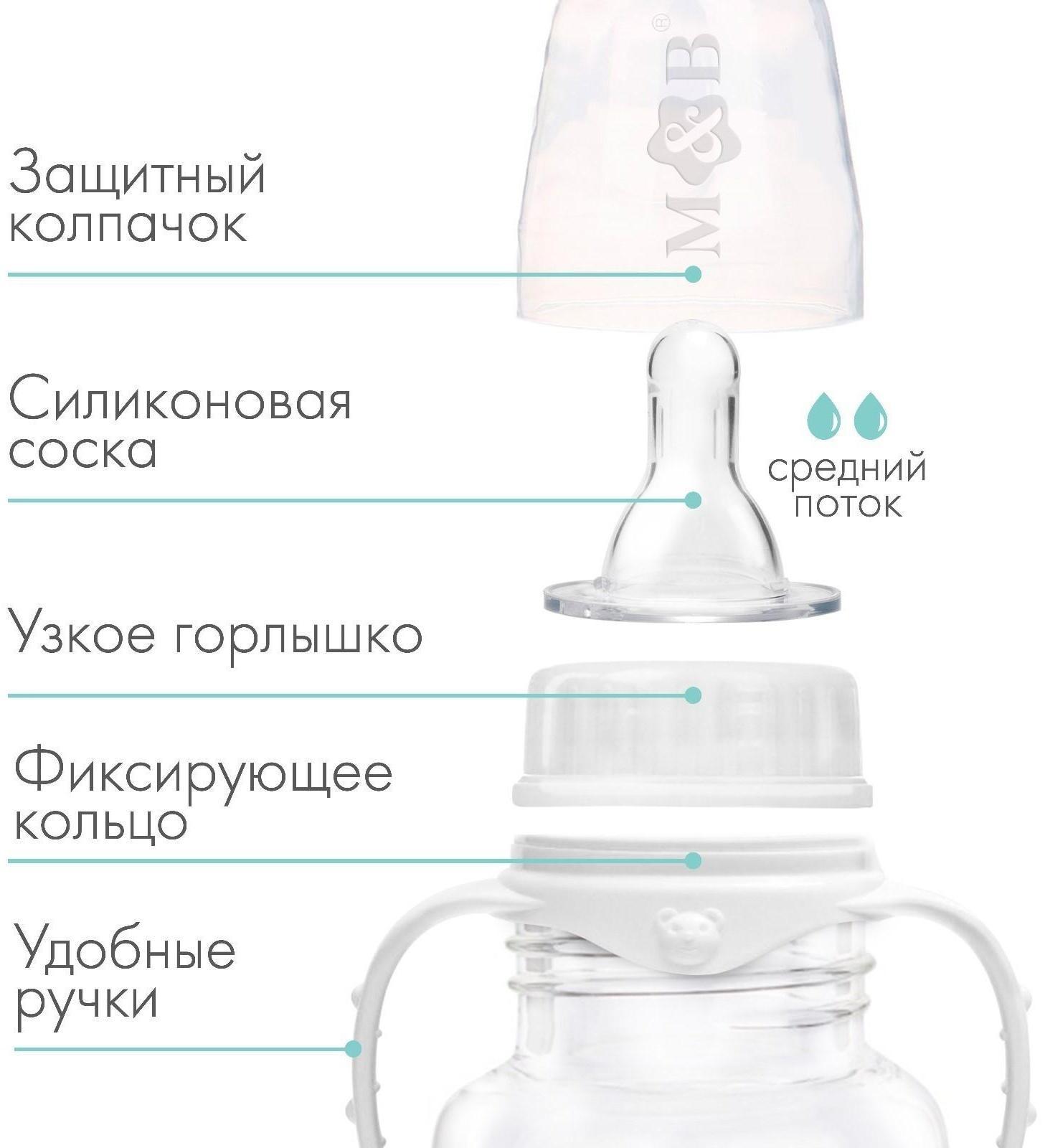 Бутылочка для кормления «Молоко № 1» детская классическая, с ручками, 250 мл, от 0 мес., цвет чёрный