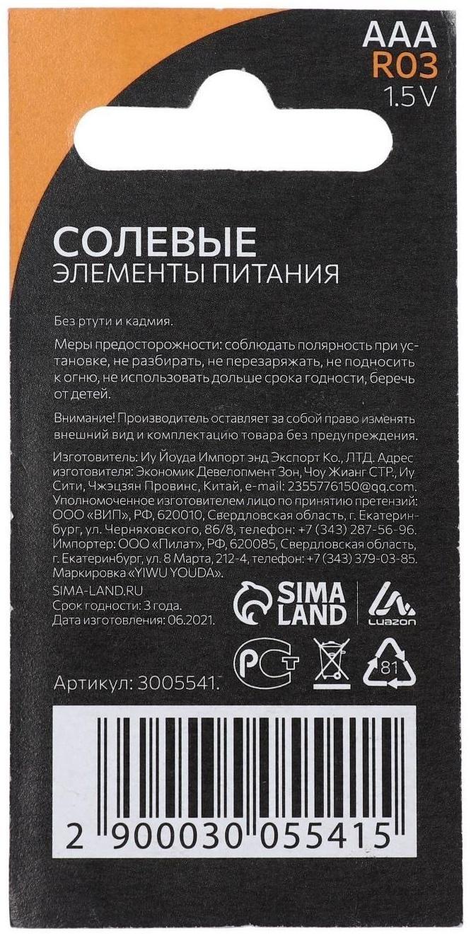 Батарейка солевая LuazON Super Heavy Duty, AAA, R03, блистер, 2 шт