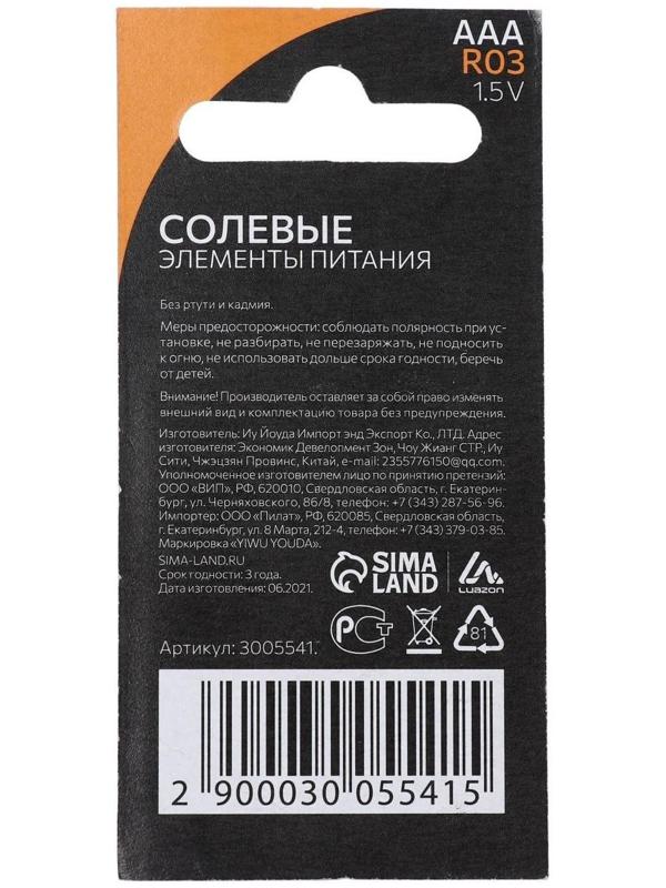 Батарейка солевая LuazON Super Heavy Duty, AAA, R03, блистер, 2 шт