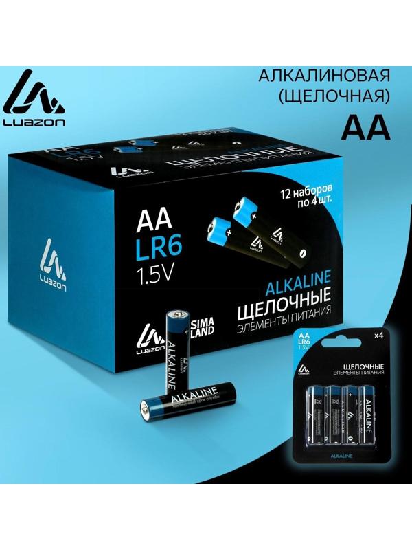 Батарейка алкалиновая (щелочная) LuazON, АА, LR6, блистер, 4 шт