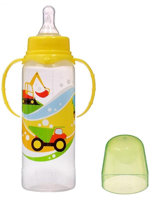 Бутылочка для кормления «Транспорт» детская классическая, с ручками, 250 мл, от 0 мес., цвет жёлтый