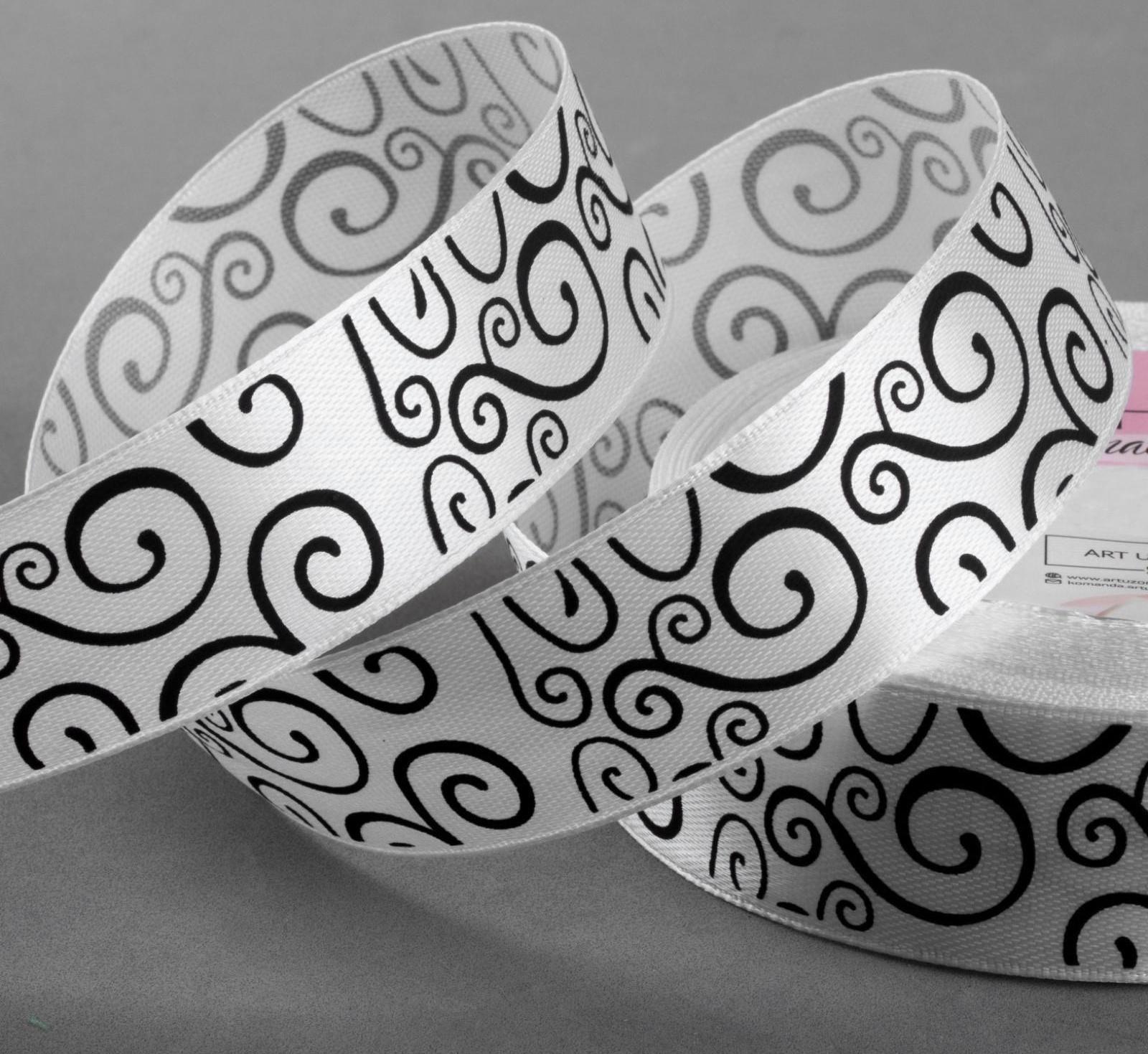 Лента атласная «Узор», 25 мм × 23 ± 1 м, цвет чёрный/белый №001