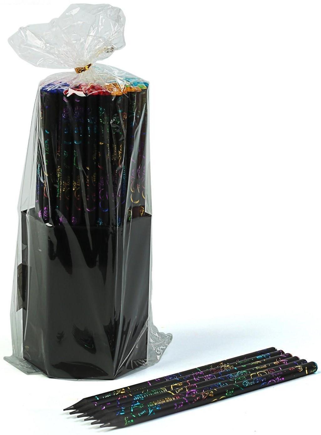 Карандаш чернографитный твёрдость HB, корпус чёрный с рисунком, заточенный, со стразой из акрила, МИКС