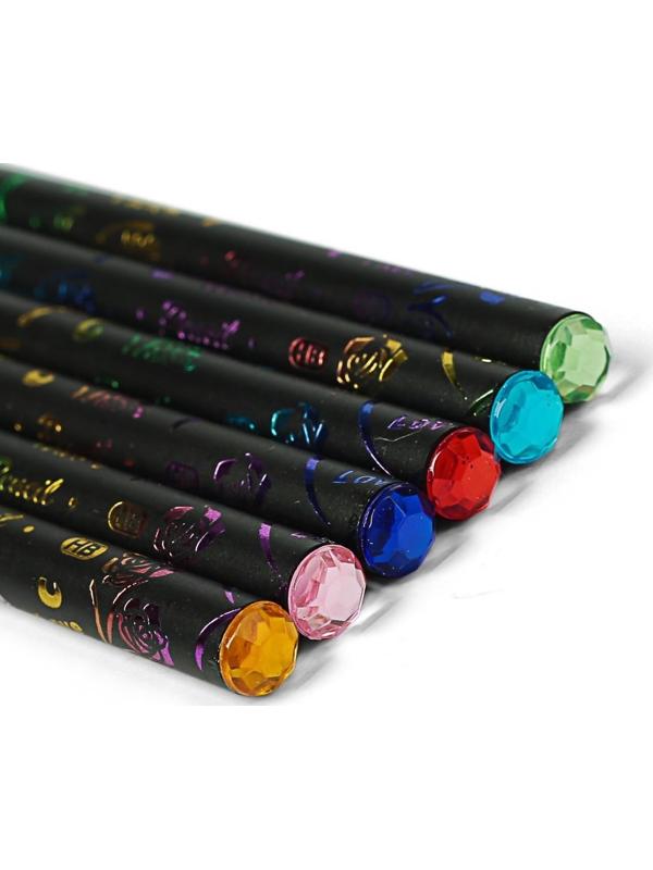 Карандаш чернографитный твёрдость HB, корпус чёрный с рисунком, заточенный, со стразой из акрила, МИКС