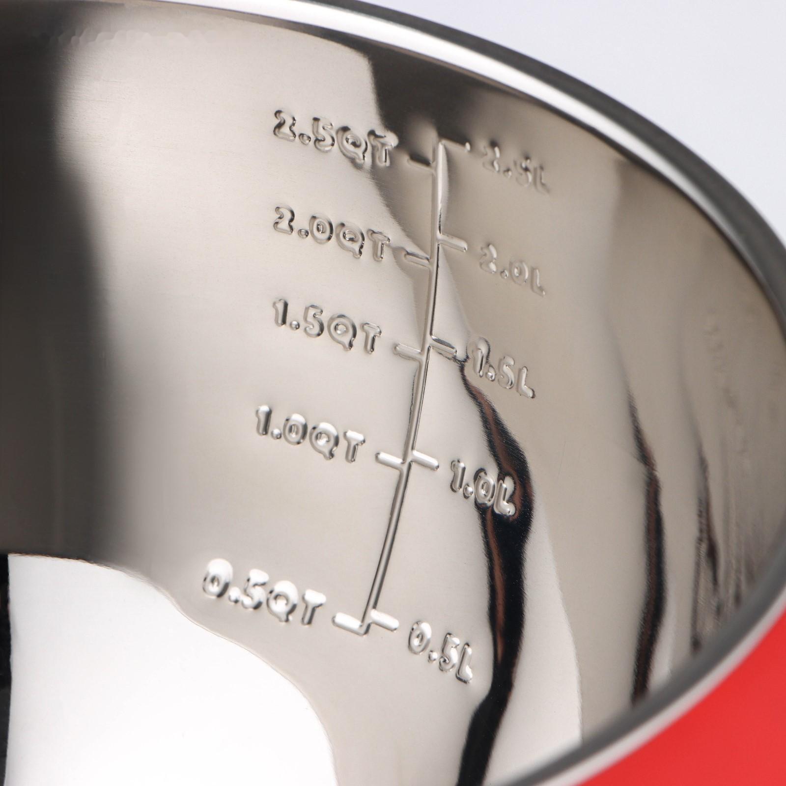 Миска из нержавеющей стали, 2,5 л, 23,5×20,5×11,5 см, с противоскользящим дном и мерной шкалой, силиконовая ручка