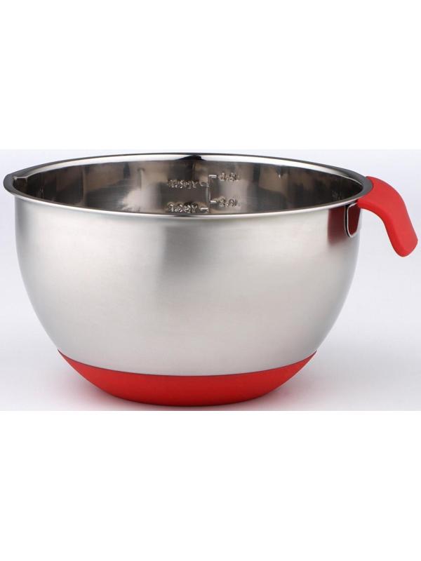 Миска из нержавеющей стали, 2,5 л, 23,5×20,5×11,5 см, с противоскользящим дном и мерной шкалой, силиконовая ручка