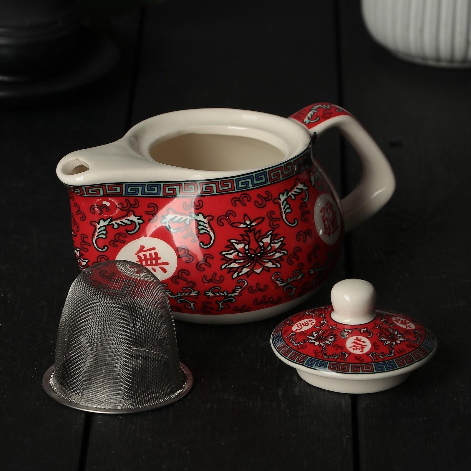 Чайник керамический заварочный «Лотос», 200 мл, с металлическим ситом, цвет красный