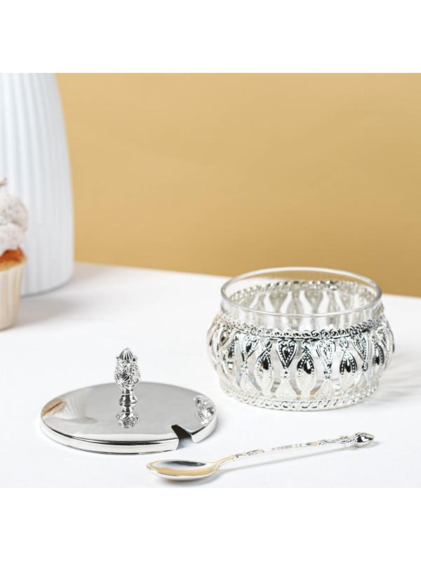 Сахарница «Ажур», 200 мл, 10×10 см, с ложкой, цвет металла серебряный