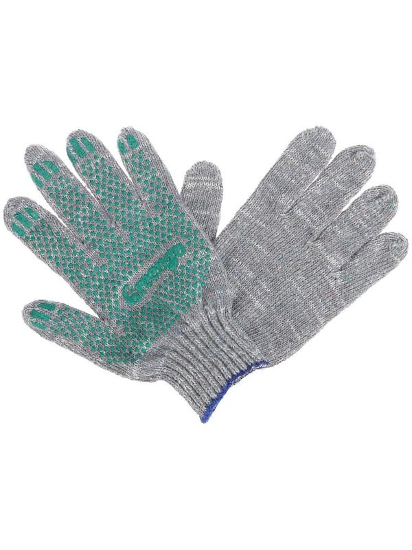 Перчатки, х/б, вязка 7 класс, 6 нитей, размер 9, с ПВХ точками, серые, Greengo