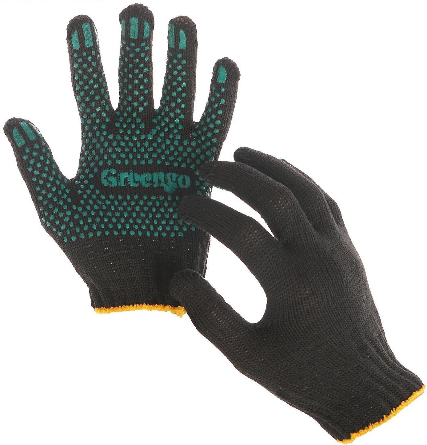 Перчатки, х/б, вязка 7 класс, 4 нити, размер 9, с ПВХ точками, чёрные, Greengo