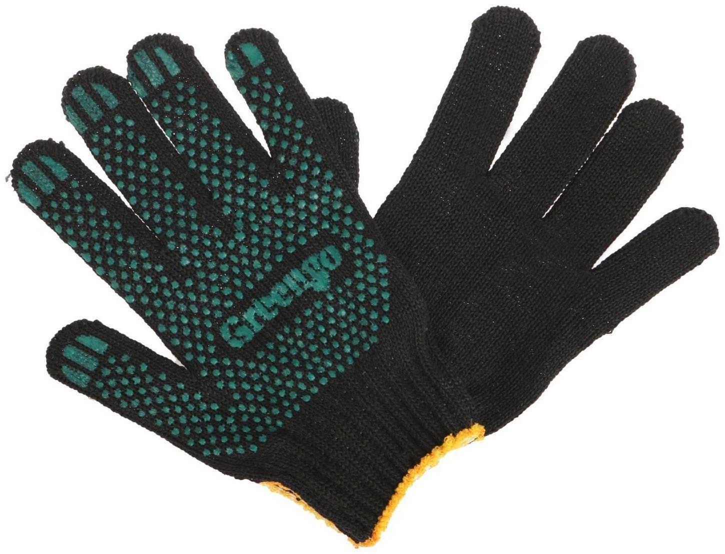 Перчатки, х/б, вязка 7 класс, 4 нити, размер 9, с ПВХ точками, чёрные, Greengo