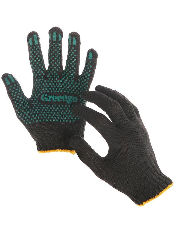 Перчатки, х/б, вязка 7 класс, 4 нити, размер 9, с ПВХ точками, чёрные, Greengo