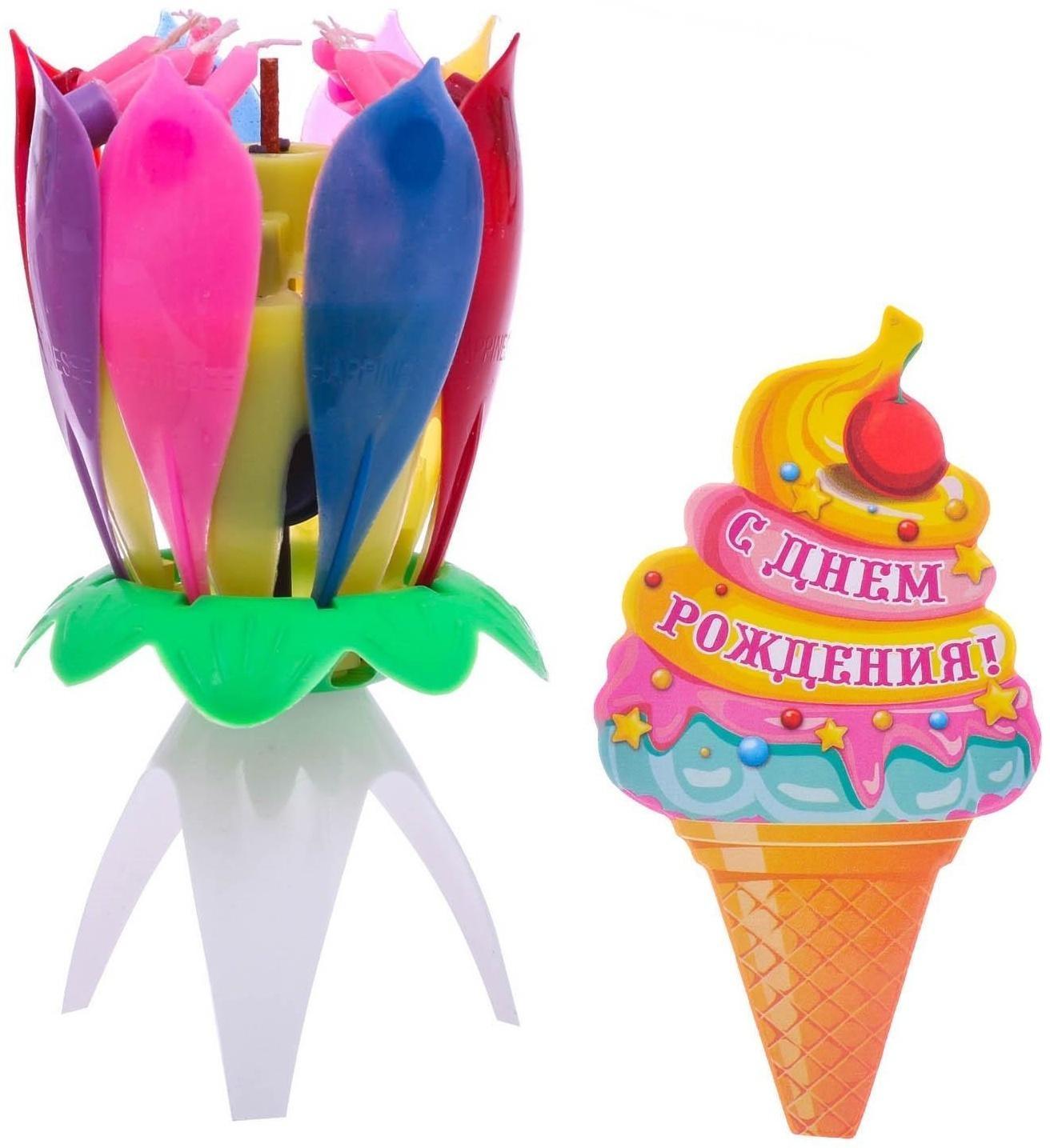 Свеча цветок в торт музыкальная, разноцветная
