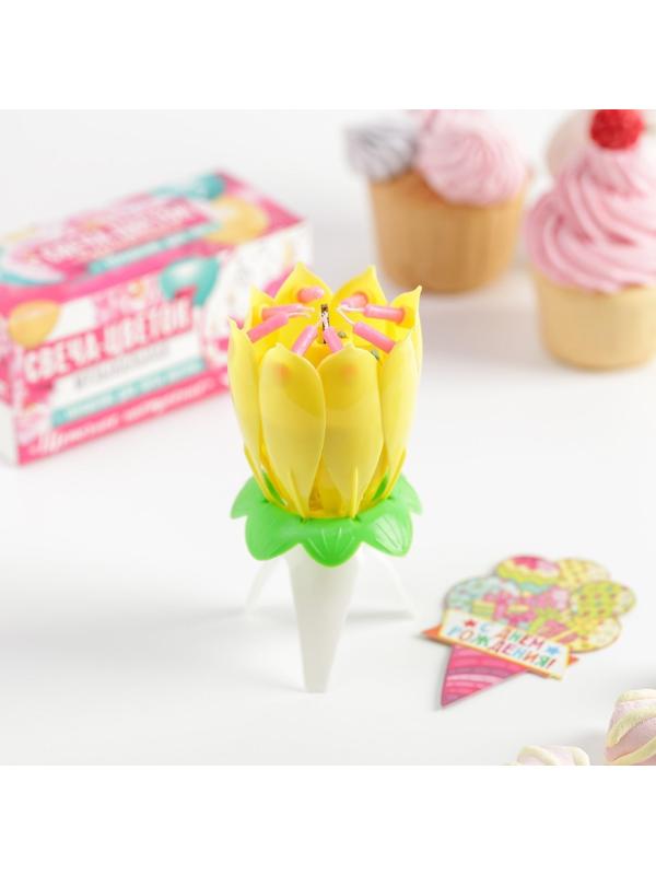 Свеча цветок в торт музыкальная, жёлтая