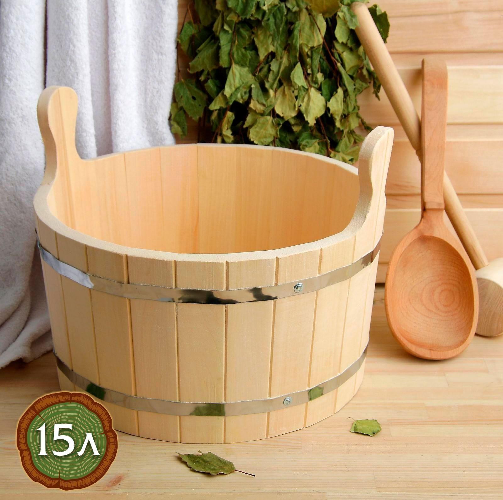 Шайка из липы, 15 л, круглая, нержавеющий обруч