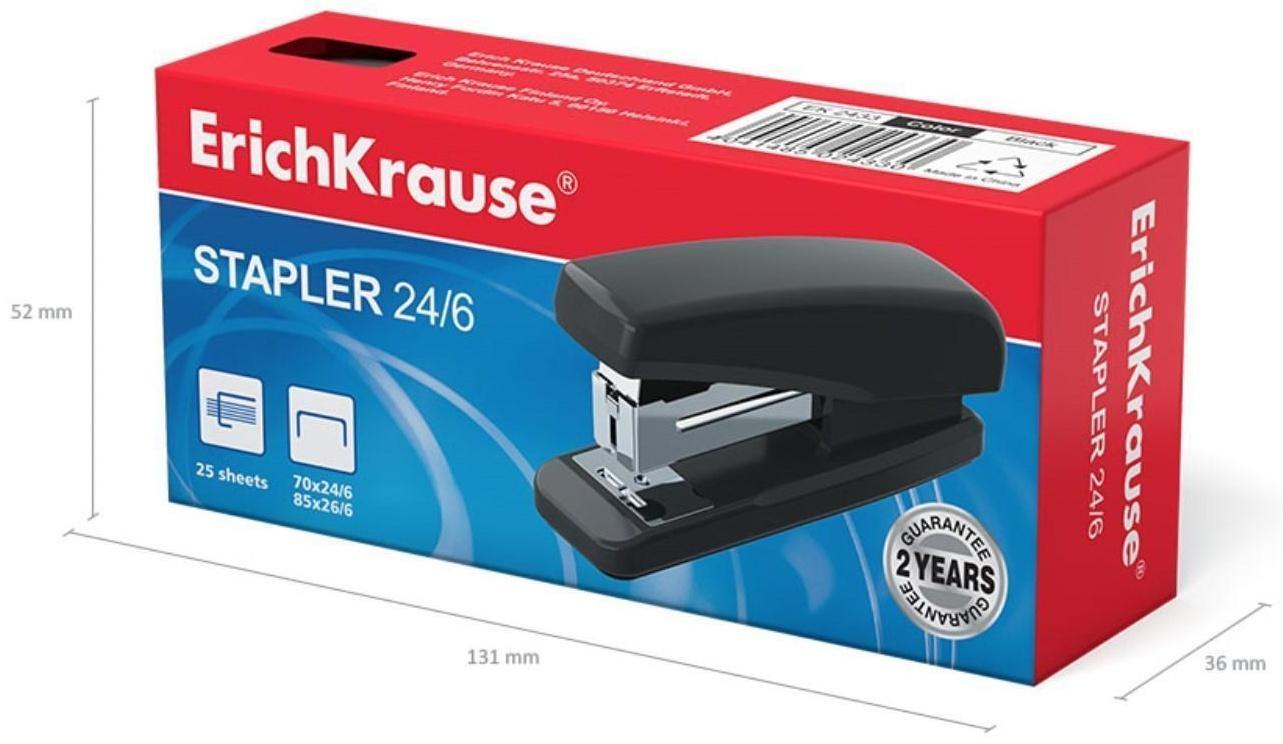 Степлер №24/6, 26/6 до 25 листов ErichKrause, черный, вмещает до 70 скоб, глубина закладки бумаги до 55мм