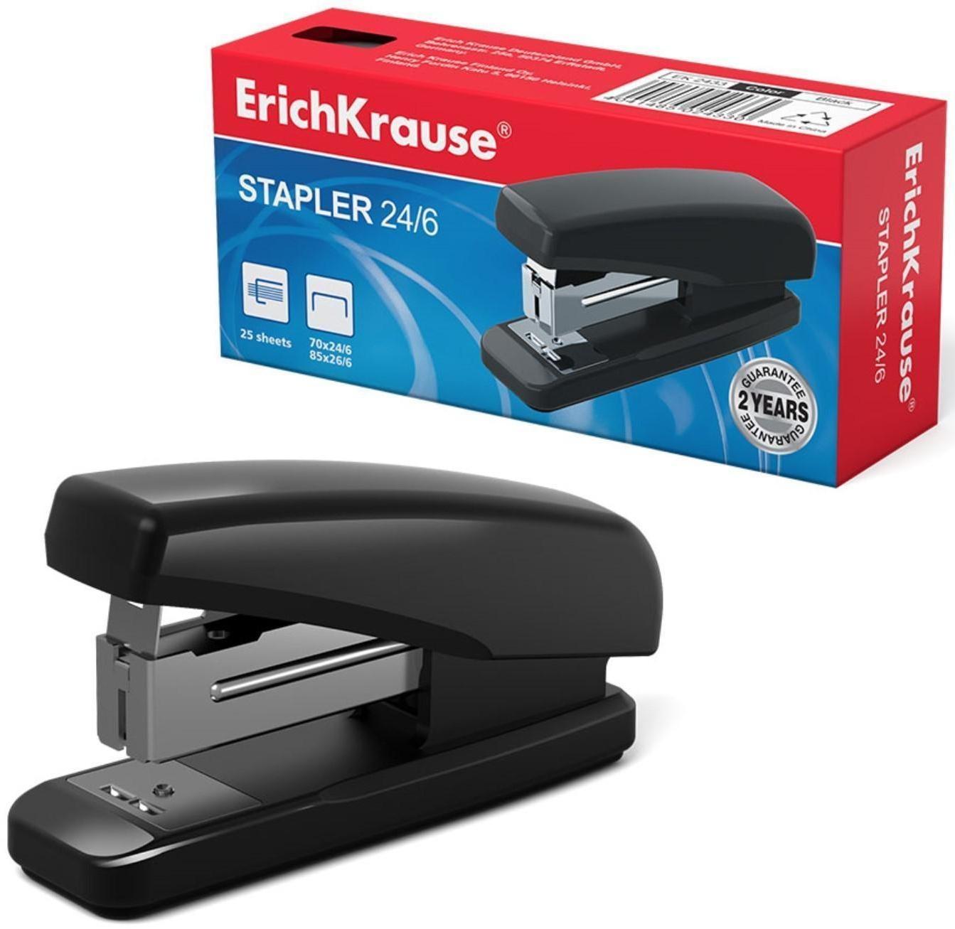 Степлер №24/6, 26/6 до 25 листов ErichKrause, черный, вмещает до 70 скоб, глубина закладки бумаги до 55мм