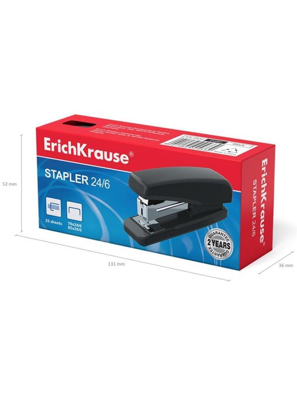 Степлер №24/6, 26/6 до 25 листов ErichKrause, черный, вмещает до 70 скоб, глубина закладки бумаги до 55мм
