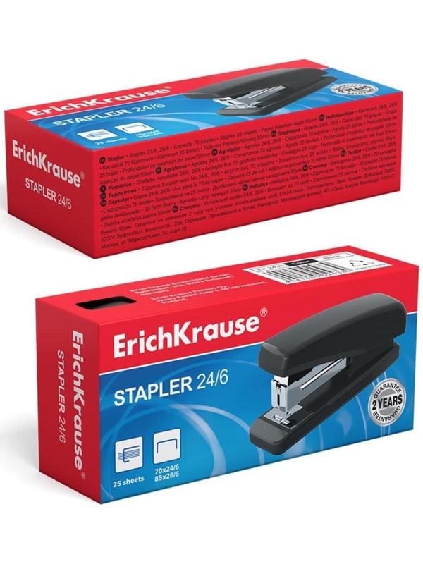 Степлер №24/6, 26/6 до 25 листов ErichKrause, черный, вмещает до 70 скоб, глубина закладки бумаги до 55мм