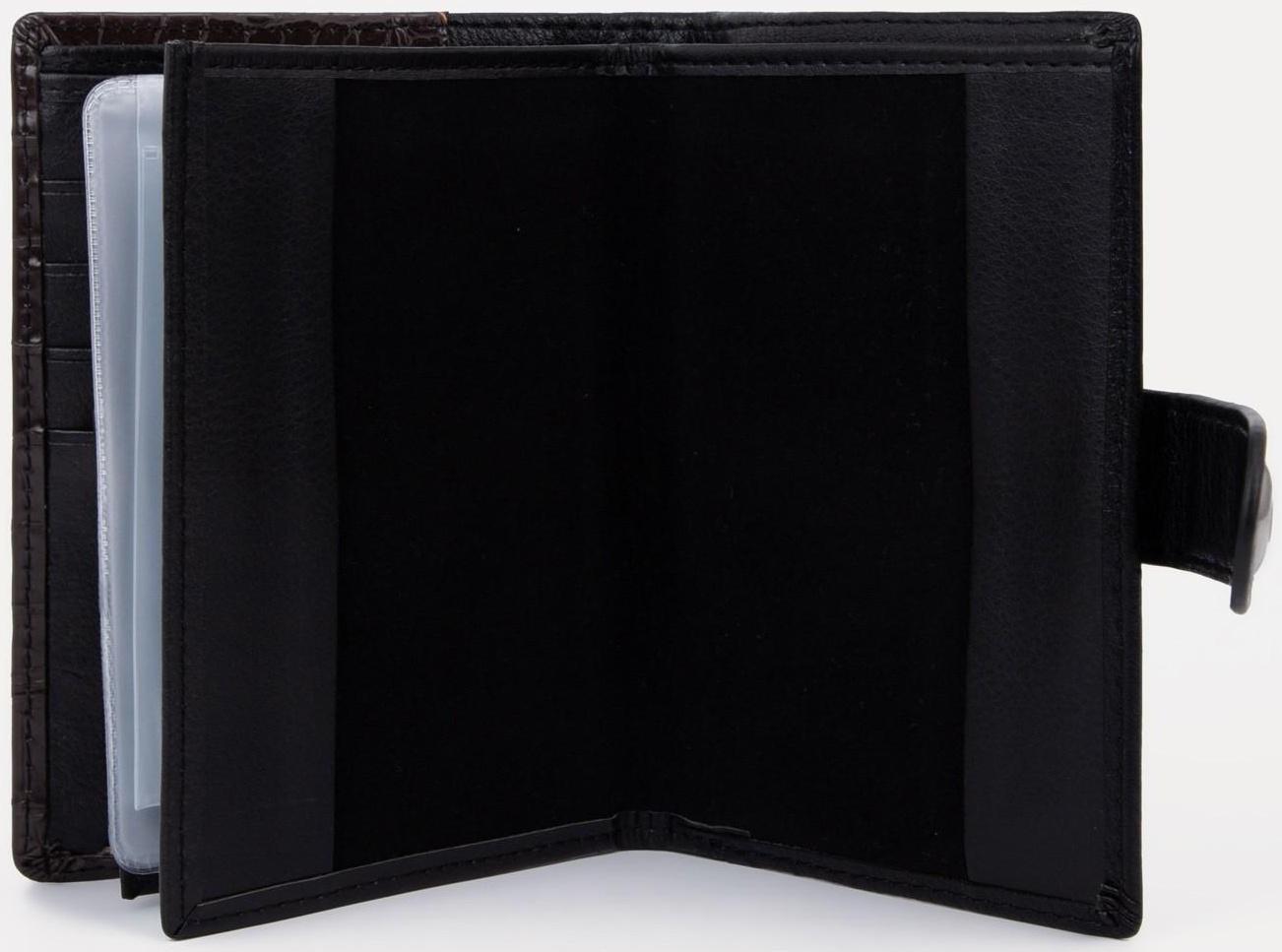 Портмоне на кнопке 3 в 1 для автодокументов и паспорта, 2 отдела, для карт, для монет, цвет чёрный/кофе