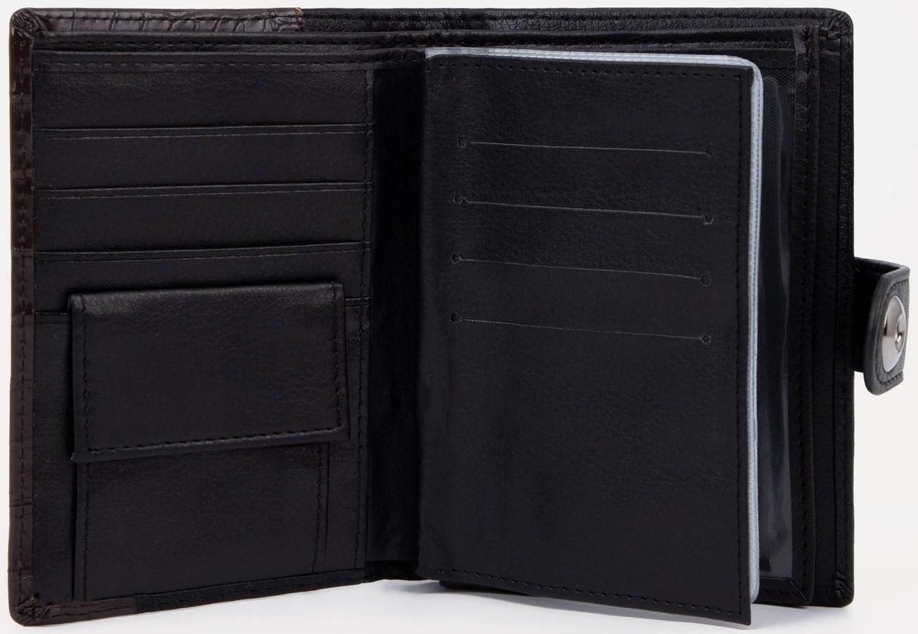 Портмоне на кнопке 3 в 1 для автодокументов и паспорта, 2 отдела, для карт, для монет, цвет чёрный/кофе