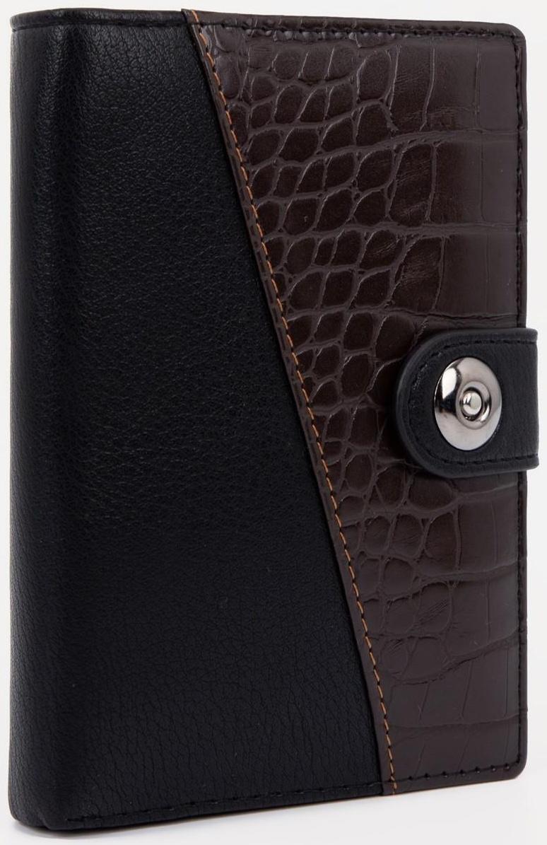 Портмоне на кнопке 3 в 1 для автодокументов и паспорта, 2 отдела, для карт, для монет, цвет чёрный/кофе