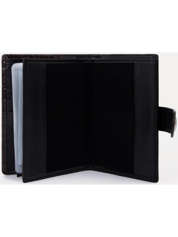 Портмоне на кнопке 3 в 1 для автодокументов и паспорта, 2 отдела, для карт, для монет, цвет чёрный/кофе