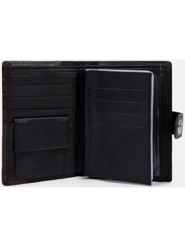 Портмоне на кнопке 3 в 1 для автодокументов и паспорта, 2 отдела, для карт, для монет, цвет чёрный/кофе