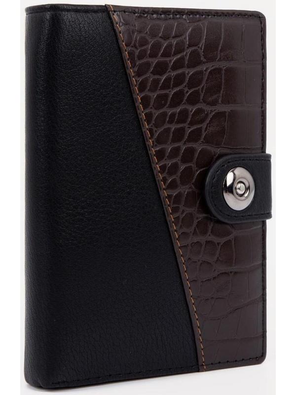 Портмоне на кнопке 3 в 1 для автодокументов и паспорта, 2 отдела, для карт, для монет, цвет чёрный/кофе