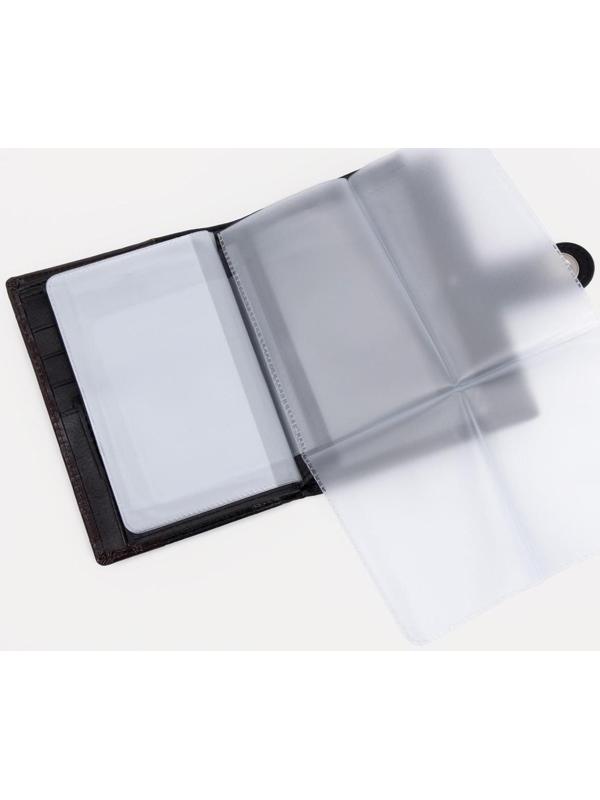 Портмоне на кнопке 3 в 1 для автодокументов и паспорта, 2 отдела, для карт, для монет, цвет чёрный/кофе