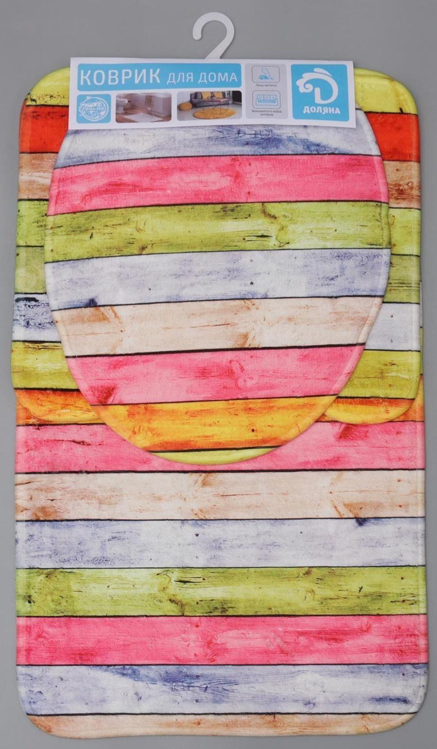 Набор ковриков для ванной и туалета Доляна «Цветные деревяшки», 3 шт: 42×38, 44×38, 44×73 см