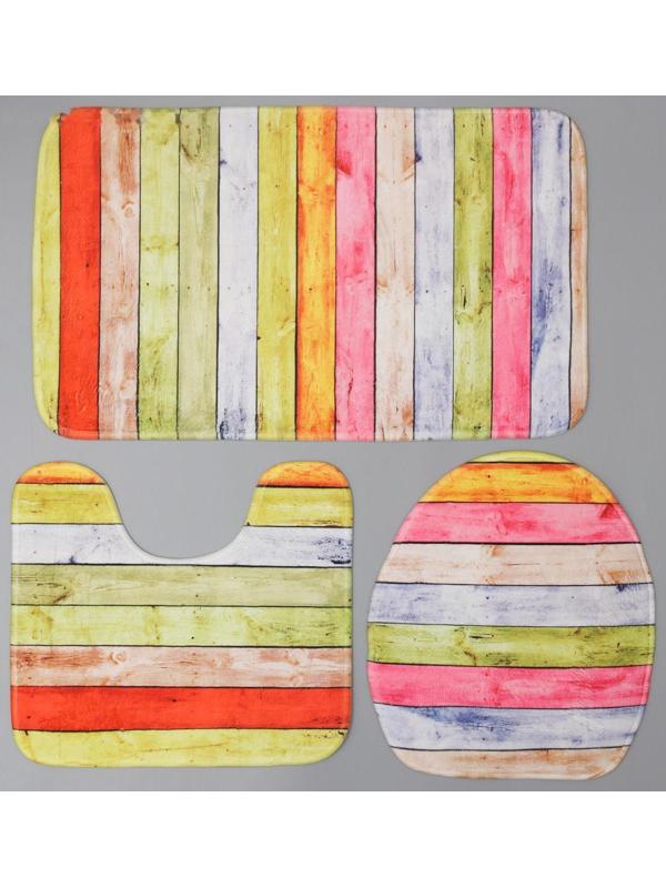 Набор ковриков для ванной и туалета Доляна «Цветные деревяшки», 3 шт: 42×38, 44×38, 44×73 см